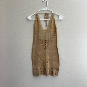 Beige Crochet Halter Mini Dress